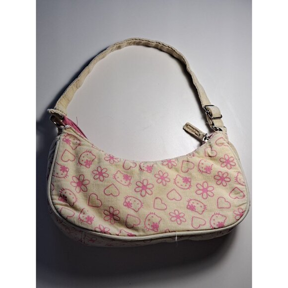 2000s Y2K Hello Kitty Pink & Cream Corduroy Hello Monogram Shoulder Bag Purse - Picture 8 of 15